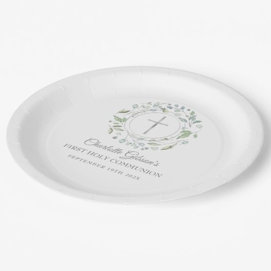 Assiettes En Carton Première Sainte Communion Croix d'argent verte (Angle)