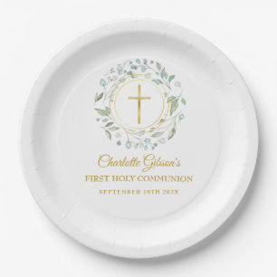 Assiettes En Carton Première Sainte Communion Croix d'or de feuillage