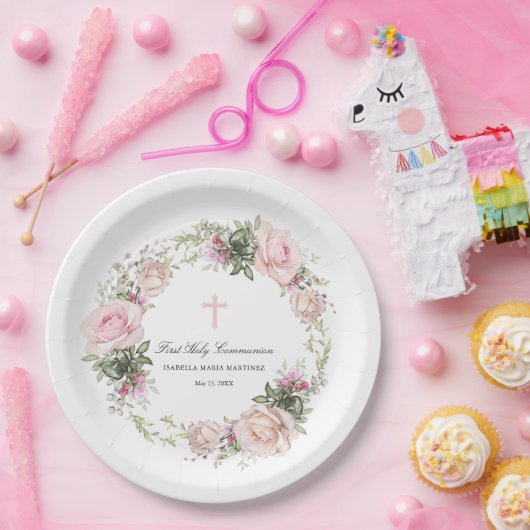 Assiettes En Carton Première Sainte Communion Croix rose (Fête)
