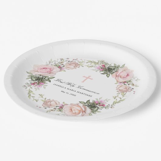 Assiettes En Carton Première Sainte Communion Croix rose (Angle)