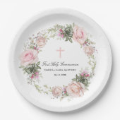 Assiettes En Carton Première Sainte Communion Croix rose (Devant)