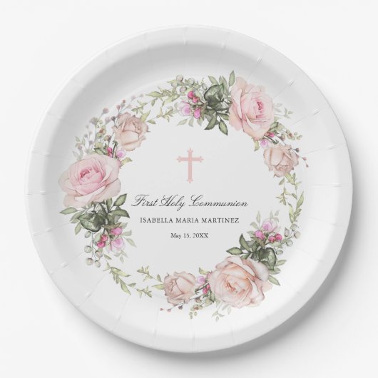Assiettes En Carton Première Sainte Communion Croix rose (Devant)