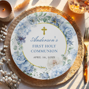 Assiettes En Carton Première Sainte Communion Floral Bleu Poussiéreux