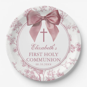Assiettes En Carton Première Sainte Communion Florale Ruban Rose Vinta