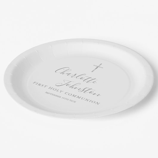 Assiettes En Carton Première Sainte Communion Moderne Argent Script (Angle)