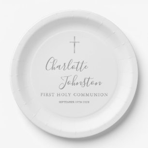 Assiettes En Carton Première Sainte Communion Moderne Écriture Argenté