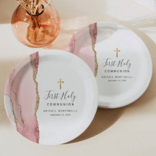 Assiettes En Carton Première Sainte Communion Paillettes Or Agate Rose