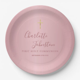 Assiettes En Carton Première Sainte Communion Rose Moderne