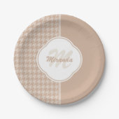 Assiettes En Carton Preppy Beige et Tan Houndstooth Monogramme et nom (Devant)