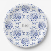 Assiettes En Carton Preppy Blue Toile Hydrangea Bow avec nom (Devant)