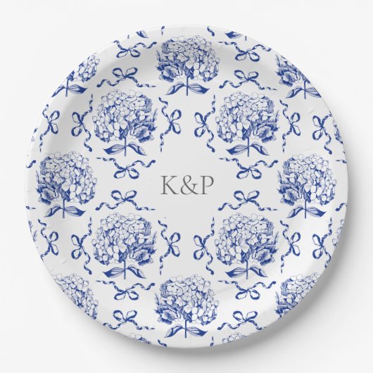 Assiettes En Carton Preppy Blue Toile Hydrangea Bow avec nom (Devant)