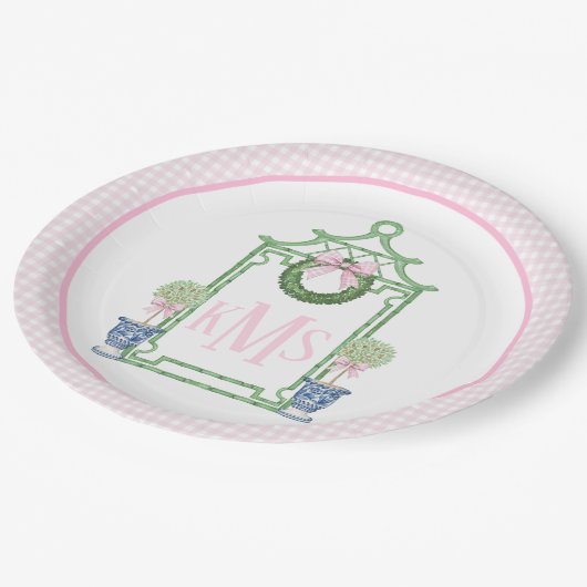 Assiettes En Carton Preppy Chinoiserie Pagode de Noël Monogramme (Angle)