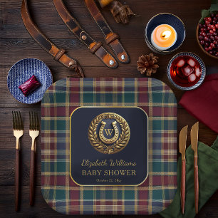 Assiettes En Carton Preppy Gold Horseshoe Monogram Baby shower bleu