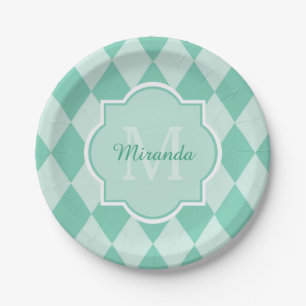 Assiettes En Carton Preppy Mint Green Jacquard Girly Monogramme et nom