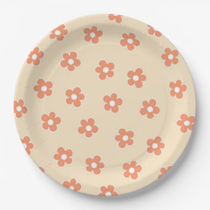 Assiettes En Carton Preppy Peach White Hippie Flower Motif