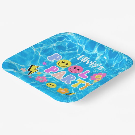 Assiettes En Carton Preppy Retro Y2K Pool Party Joyeux visage Annivers (Angulaire)