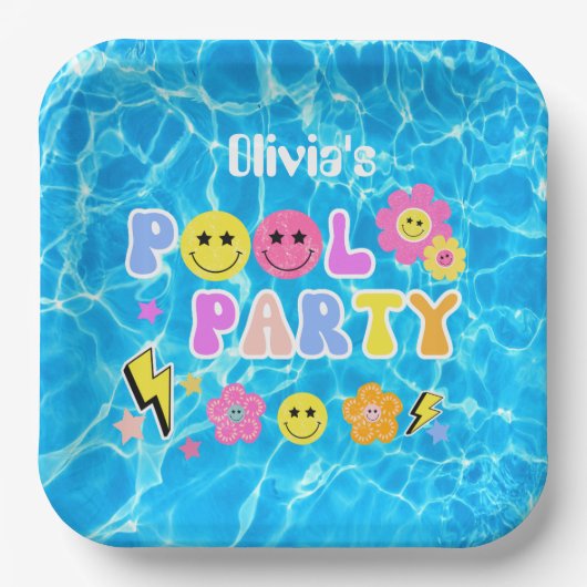 Assiettes En Carton Preppy Retro Y2K Pool Party Joyeux visage Annivers (Recto)