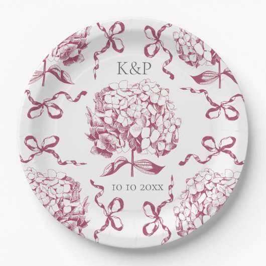 Assiettes En Carton Preppy Toile rose Hydrangea Bow avec nom (Devant)