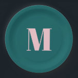Assiettes En Carton Preppy Turquoise rose moderne Feminine Monogramme<br><div class="desc">Preppy,  simple,  minimaliste monogramme fournit de la partie dans des couleurs bleu profond vert et rose pastel.</div>