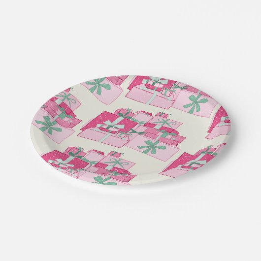 Assiettes En Carton Présentations de Noël empilées rose et vert (Angle)