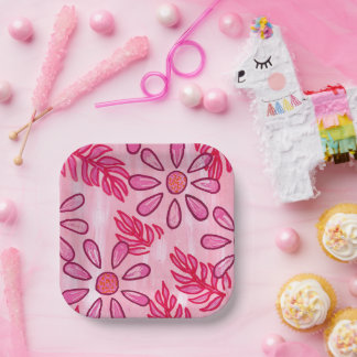 Assiettes En Carton Pretty Pink Floral and Leaves Paper Plates