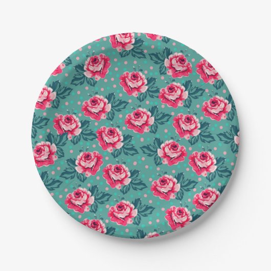 Assiettes En Carton Pretty Pink Roses and Polka Dot Pattern on Teal (Devant)