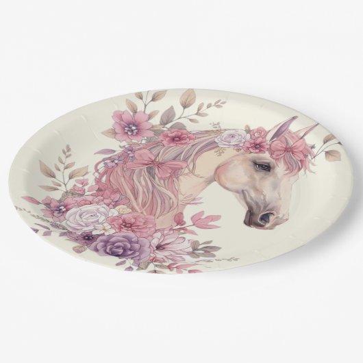 Assiettes En Carton Pretty Ponies and Petals Horse Party Plate – 9” (Angle)