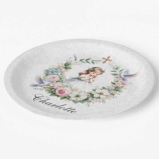 Assiettes En Carton Prier Fille Doves Blanches Floral Première Communi (Angle)
