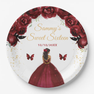 Assiettes En Carton Princesse à la peau foncée, robe rouge foncé, Swee