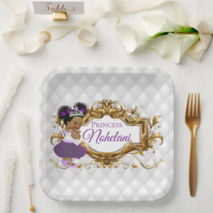 Assiettes En Carton Princesse africaine violette Élégant blanc et or
