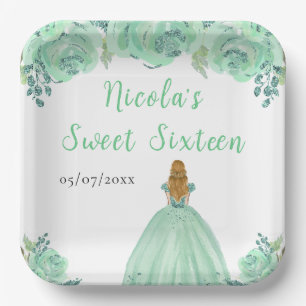 Assiettes En Carton Princesse aux Cheveux Blonds Fleur Menthe Douze An