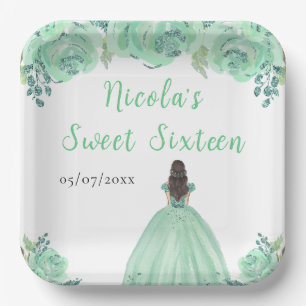 Assiettes En Carton Princesse aux Cheveux Bruns Fleurs Florales Vert M