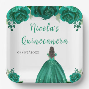 Assiettes En Carton Princesse aux Cheveux Bruns Robe Florale Verte Qui