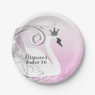 Assiettes En Carton Princesse des cygnes Baby Shower Rose Blanc Argent