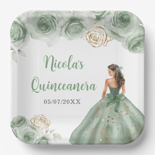 Assiettes En Carton Princesse Florale dans une robe verte Sage Quincea (Recto)