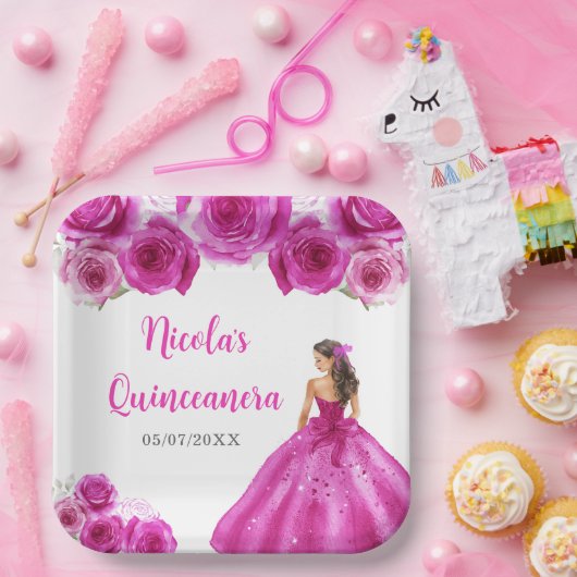 Assiettes En Carton Princesse Florale en Robe Chaude Quinceanera (Fête)