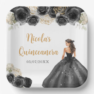 Assiettes En Carton Princesse Florale en Robe Noire Quinceanera