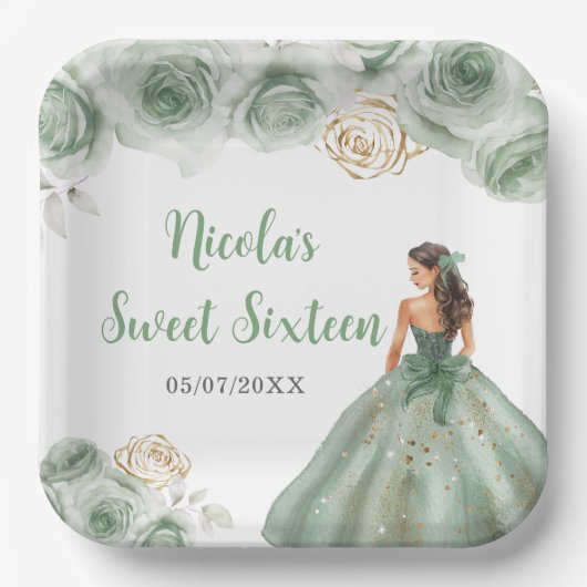 Assiettes En Carton Princesse Florale en Sweet sixteen Robe verte Sage (Recto)