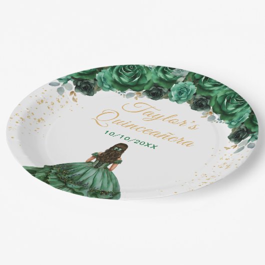 Assiettes En Carton Princesse Vert foncé Floral Quinceañera (Angle)