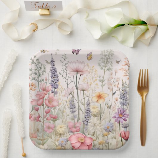 Assiettes En Carton Printemps Été Jardin Aquarelle Fleurs Papillon (Mariage)
