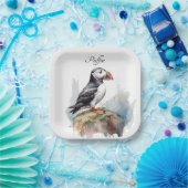 Assiettes En Carton Puffin sur une aquarelle rocheuse, personnalisé (Fête)
