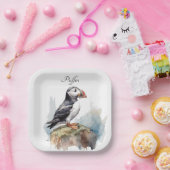 Assiettes En Carton Puffin sur une aquarelle rocheuse, personnalisé (Fête)