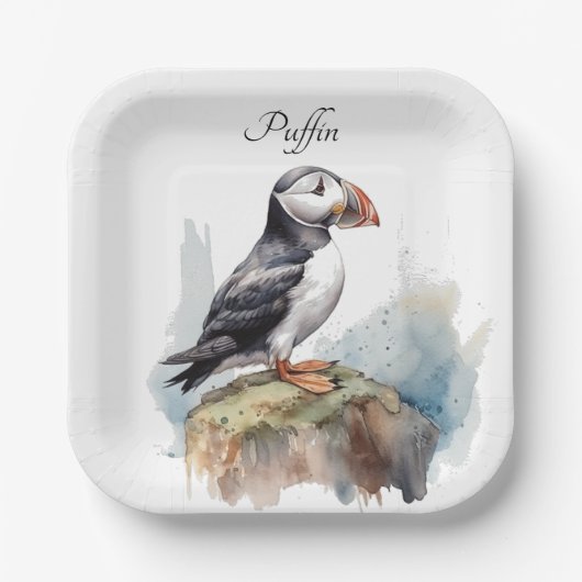 Assiettes En Carton Puffin sur une aquarelle rocheuse, personnalisé (Recto)