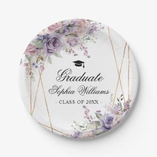 Assiettes En Carton Purple & Blush Rose Graduation Party Girly Floral