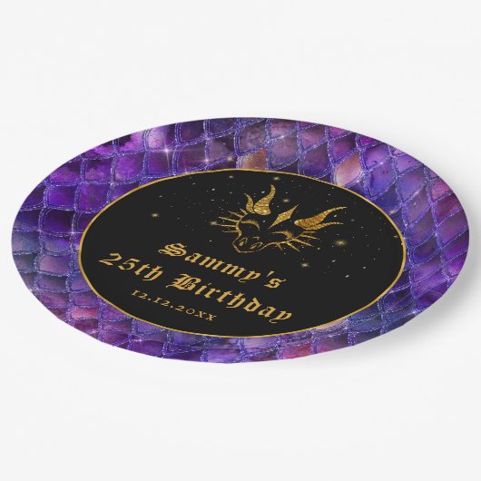 Assiettes En Carton Purple Dragon Scales Gold Faux Parties scintillant (Angle)