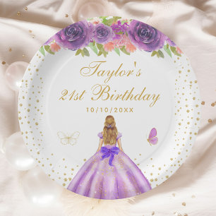 Assiettes En Carton Purple Floral Blonde Cheveux Princess Anniversaire