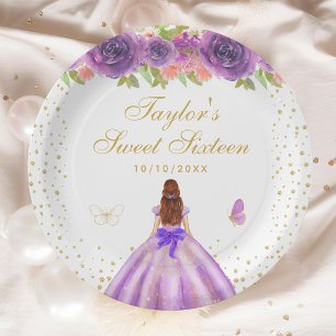 Assiettes En Carton Purple Floral Brown cheveux Princess Sweet sixteen