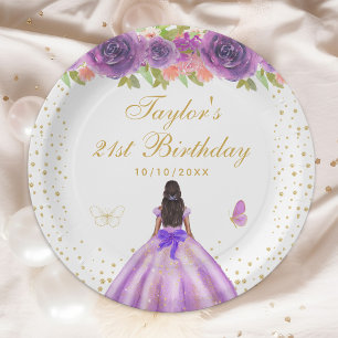 Assiettes En Carton Purple Floral Peau foncée Princesse Anniversaire