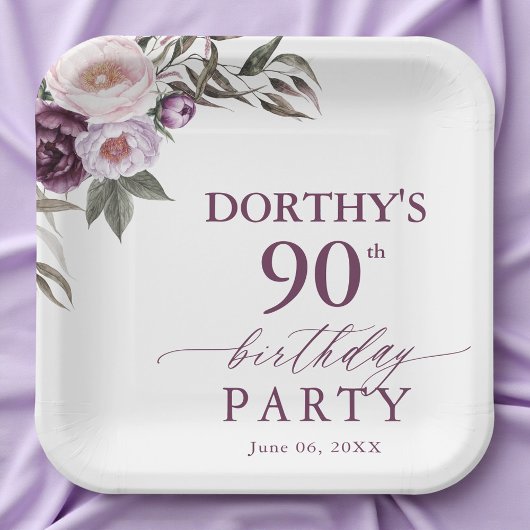 Assiettes En Carton Purple Floral Script 90th Birthday 