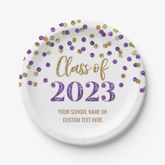 Assiettes En Carton Purple Gold Confetti Graduation 2023 (Devant)
